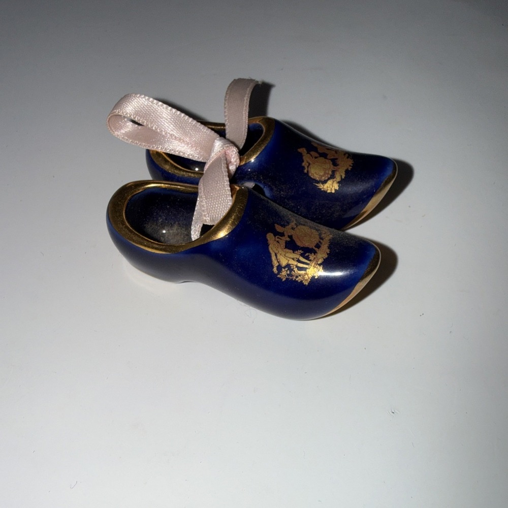 2 Vintage Cobalt Blue Porcelain Limoges Pointed Toe Shoe Shoes gold gilding Mini